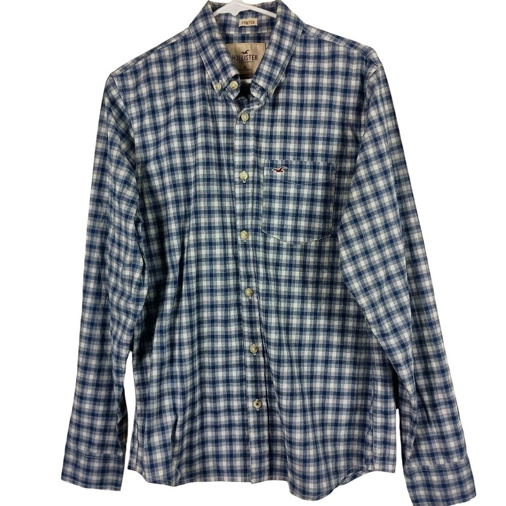 Hollister Blue & White Plaid Stretch Button Up Shirt Mens Size M Casual Preppy